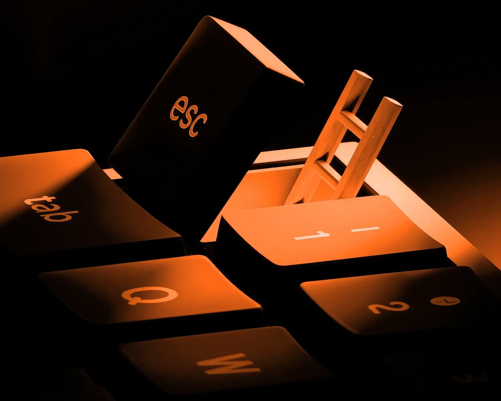 An open ESC key on a keyboard with a small ladder climbing out of a warm light