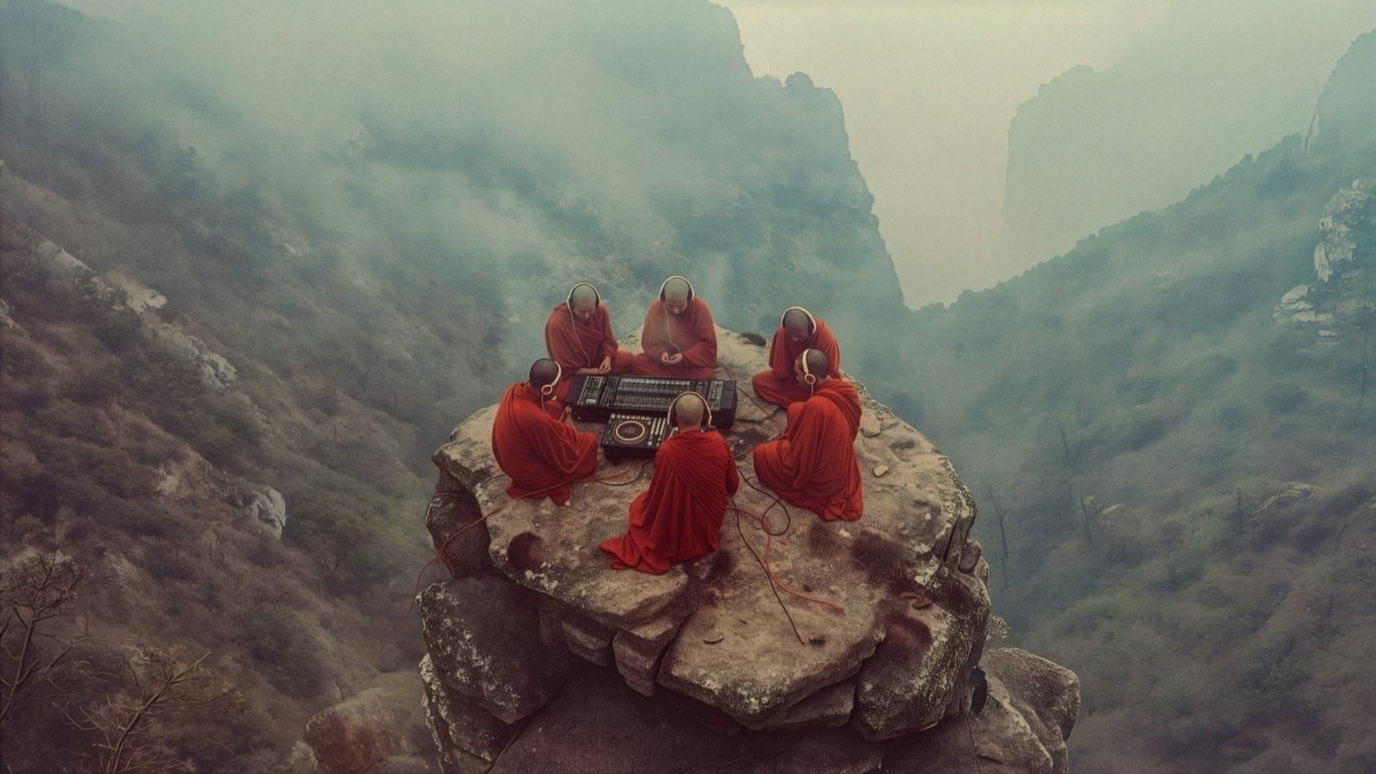 Monks in red robes making music on a rock above a misty valley